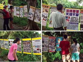 游客或早晨运动的人们认真观看大岗山菩提步道的法轮功真相展板